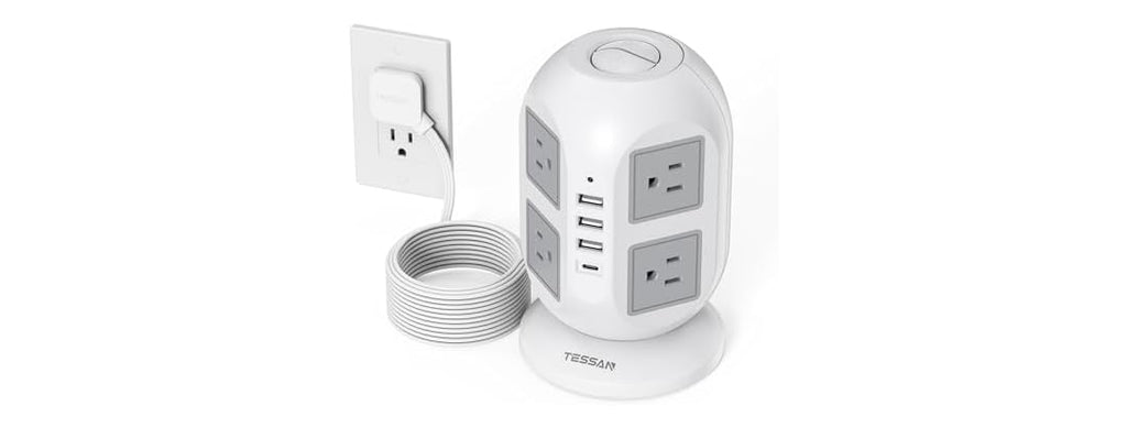 TESSAN 10ft Cord Power Tower (8 Outlets, 1 USB-C, 3 USB-A)