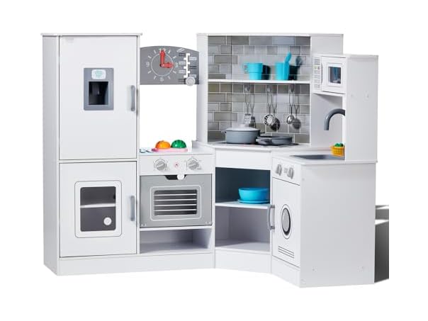 Corner Wooden Play Kitchen, Toy Set with Lights