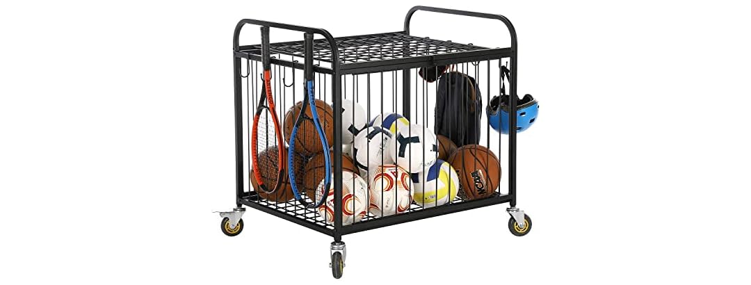 MyGift Large Capacity Metal Rolling Multi Sports Ball Cage Storage Hopper