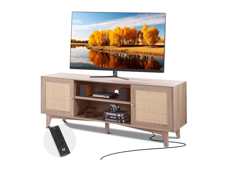 Rattan TV Stand, Mid Century Modern 75inch