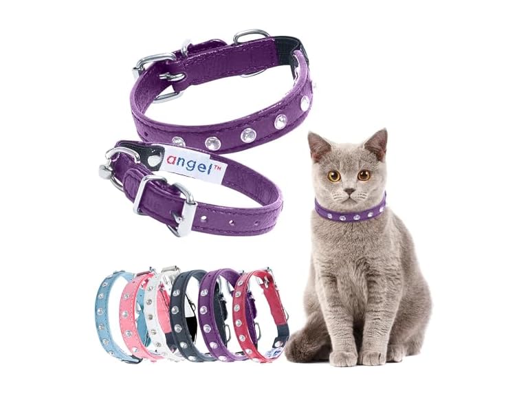 Athens Cat Collar, Leather Kitten Collar w/Rhinestones