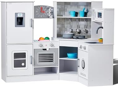 Corner Wooden Play Kitchen, Toy Set with Lights
