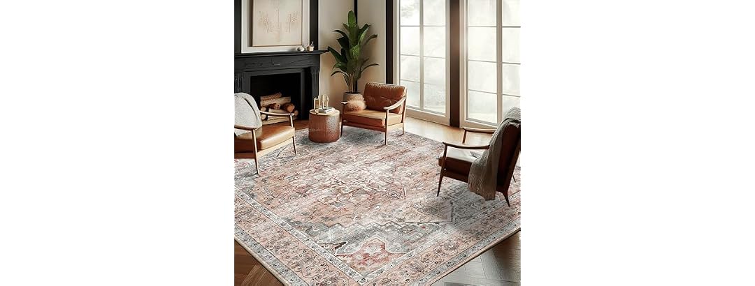 CHAMPLANT Red Retro Flowers Area Rug 9'x12'