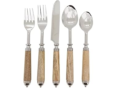 Natural Bark Wood Style Handle Place Setting Flatware (Set of 5)