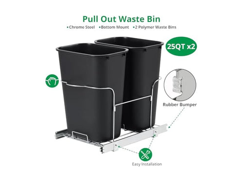 2 x 25 Quart Double Bin Pull-Out Trash Can for Under Kitchen Cabinet