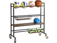 Heavy Duty Black Metal Sports Equipment Rolling Rack with Wood Shelves