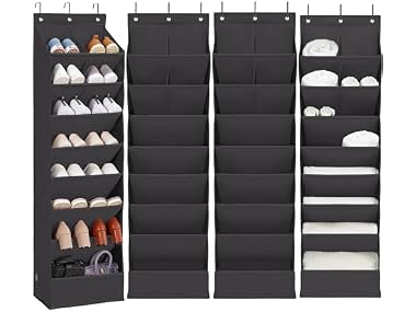 Door Shoe Organizer with 10 Extra Large Pockets, 4-Pack Black