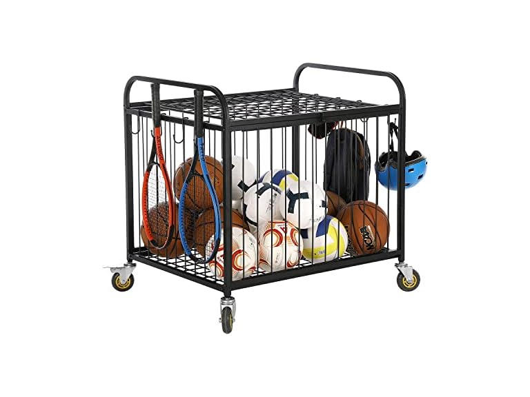 MyGift Large Capacity Metal Rolling Multi Sports Ball Cage Storage Hopper
