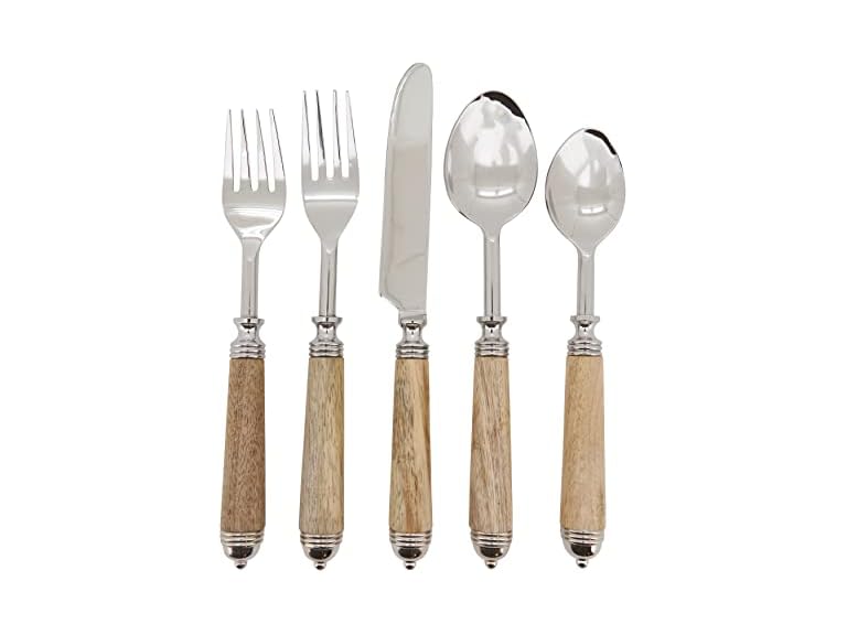 Natural Bark Wood Style Handle Place Setting Flatware (Set of 5)