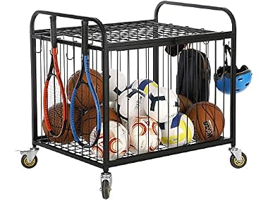 MyGift Large Capacity Metal Rolling Multi Sports Ball Cage Storage Hopper