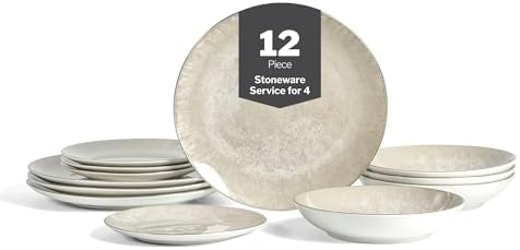 Christian Siriano Onyx 12-Piece Dinnerware Set Porcelain Beige and Gold