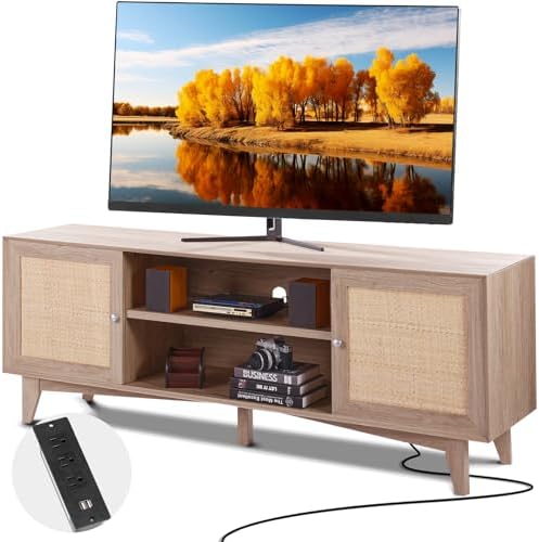Rattan TV Stand, Mid Century Modern 75inch