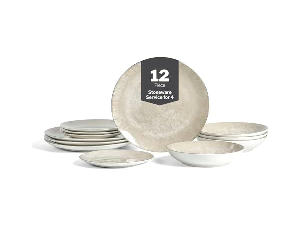 Christian Siriano Onyx 12-Piece Dinnerware Set Porcelain Beige and Gold