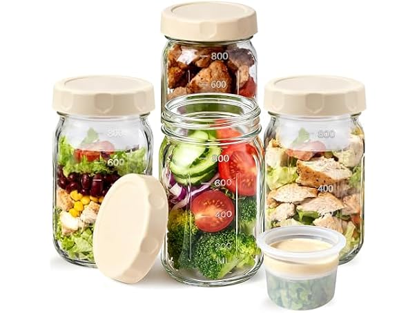 EKACO 4 Pack Glass Salad Jars 32 Oz - Leakproof Mason Jars