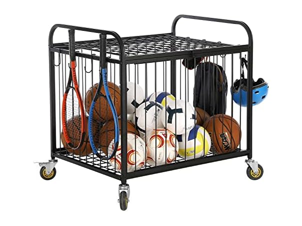 MyGift Large Capacity Metal Rolling Multi Sports Ball Cage Storage Hopper