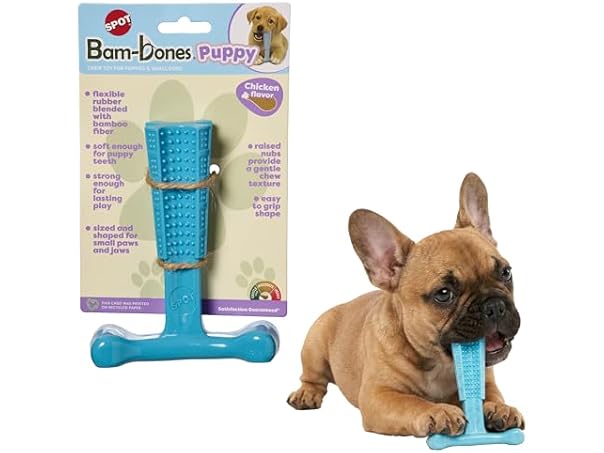 SPOT Bam-Bones Puppy T-Bone Dog Chew Toy- 6" Blue
