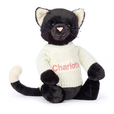 Bashful Black Kitten with Personalized Cream Jumper