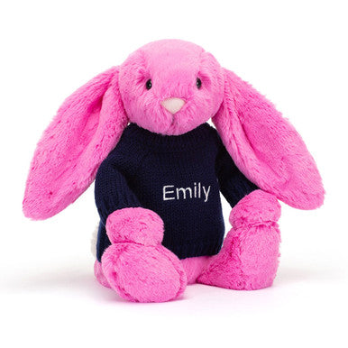Bashful Hot Pink Bunny with Personalized Navy Jumper