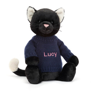 Bashful Black Kitten with Personalized Navy Jumper