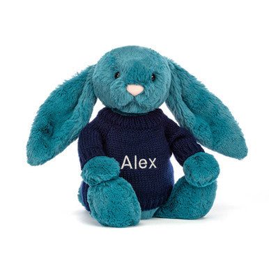 Bashful Mineral Blue Bunny with Personalized Navy Jumper
