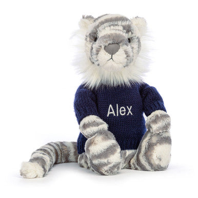 Bashful Snow Tiger with Personalized Navy Jumper