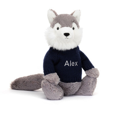 Bashful Wolf with Personalized Navy Jumper