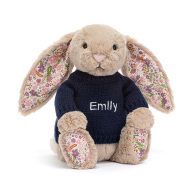Bashful Beige Bunny 'Petal' with Personalized Navy Jumper