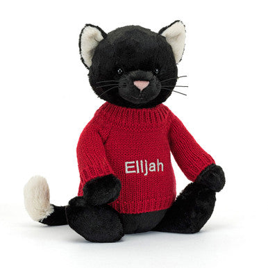 Bashful Black Kitten with Personalized Red Jumper