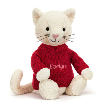 Bashful Cream Kitten with Personalized Red Jumper