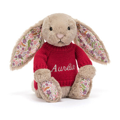 Bashful Beige Bunny 'Petal' with Personalized Red Jumper