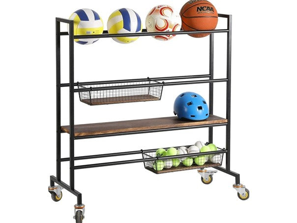Heavy Duty Black Metal Sports Equipment Rolling Rack with Wood Shelves