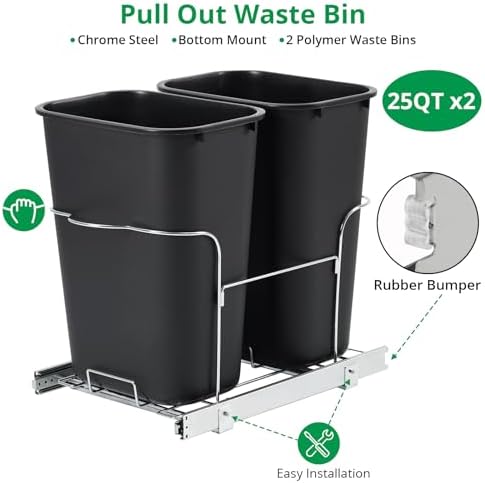 2 x 25 Quart Double Bin Pull-Out Trash Can for Under Kitchen Cabinet