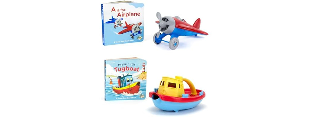 Green Toys Tugboat & Board Book & Airplane Board Book Bundle