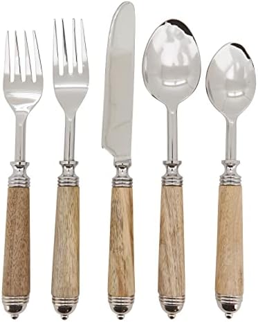 Natural Bark Wood Style Handle Place Setting Flatware (Set of 5)