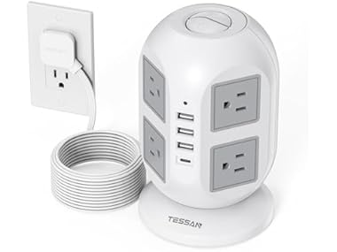 TESSAN 10ft Cord Power Tower (8 Outlets, 1 USB-C, 3 USB-A)