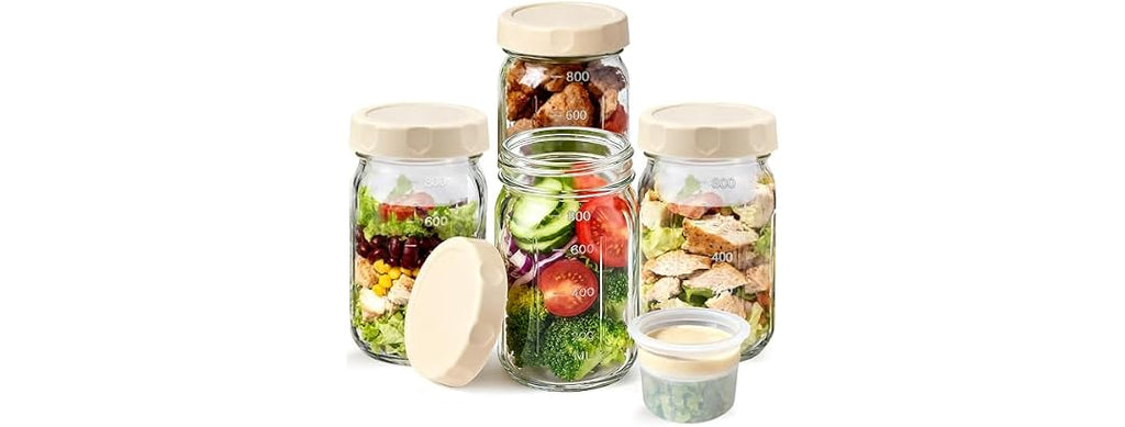 EKACO 4 Pack Glass Salad Jars 32 Oz - Leakproof Mason Jars