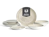 Christian Siriano Onyx 12-Piece Dinnerware Set Porcelain Beige and Gold