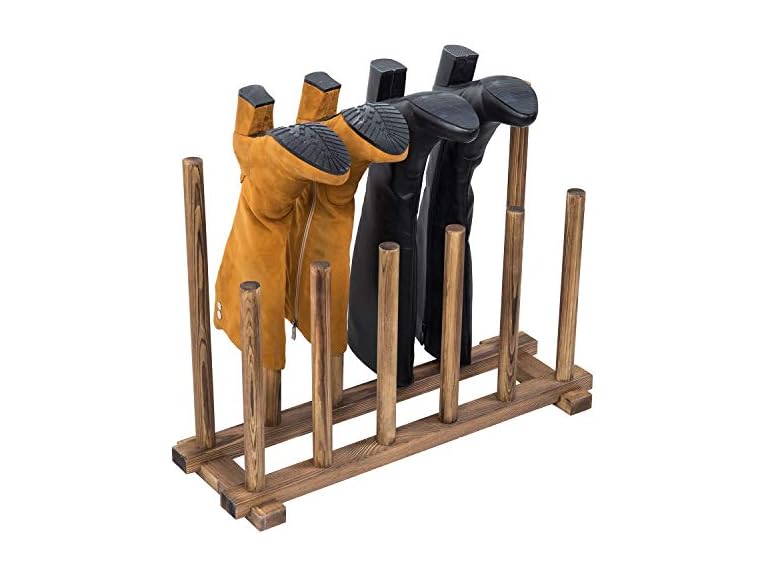 MyGift Rustic Burnt Brown Solid Wood Floor Standing Boot Holder Rack