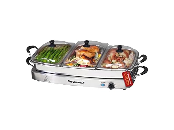 Elite Gourmet Triple 3 x 2.5 Quart Trays Buffet Server