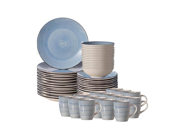 64-Pc Dinnerware Set for 16 Swirl Glazed Finish Blue