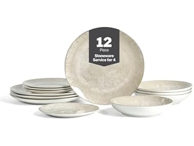 Christian Siriano Onyx 12-Piece Dinnerware Set Porcelain Beige and Gold