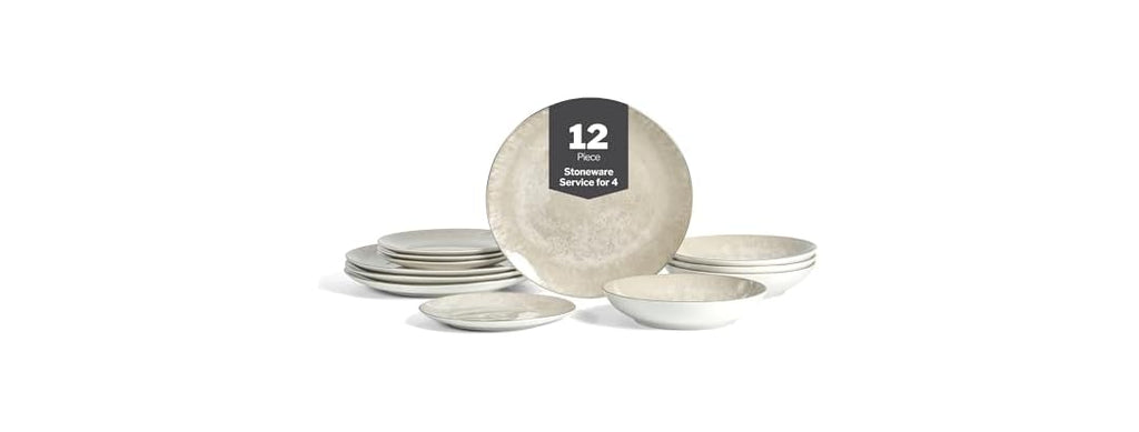 Christian Siriano Onyx 12-Piece Dinnerware Set Porcelain Beige and Gold