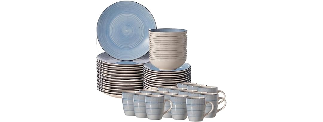 64-Pc Dinnerware Set for 16 Swirl Glazed Finish Blue