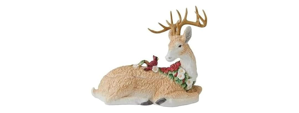 Fitz and Floyd Poinsettia Holiday Deer Figurine Cookie Jar